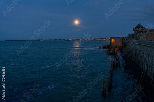 Full moon with flood at Saint-Malo, France