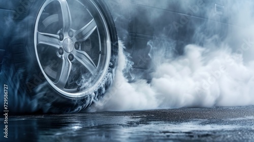 Car burnout wheels tire with white smoke, Blurred image diffusion race drift car with lots of smoke from burning tires on speed track. Generative Ai