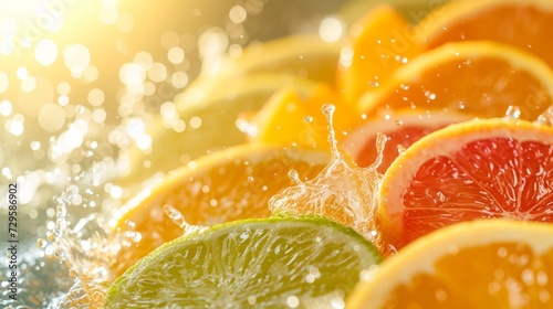 A burst of citrus colors and splashes, capturing the essence of refreshing fruit juices