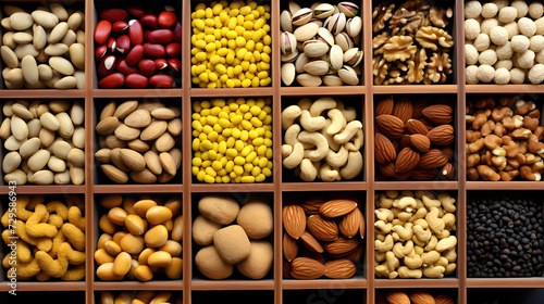 large assortment of different types of nuts in wooden boxes for the supermarket. vegan food. natural vitamins. top view