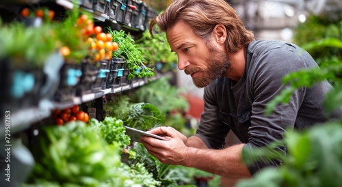 man is closely inspecting fresh herbs and vegetables on vertical shelves while holding a tablet in an indoor urban farm