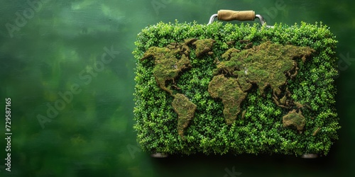 Journeying Responsibly: A Suitcase Adorned with a Lush World Map, Representing Sustainable Travel and Global Environmental Consciousness, Generative AI
