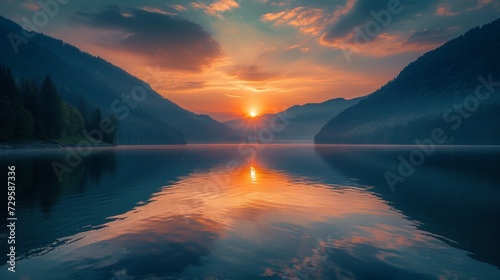 A breathtaking sunrise over the serene waters of a tranquil mountain lake photo