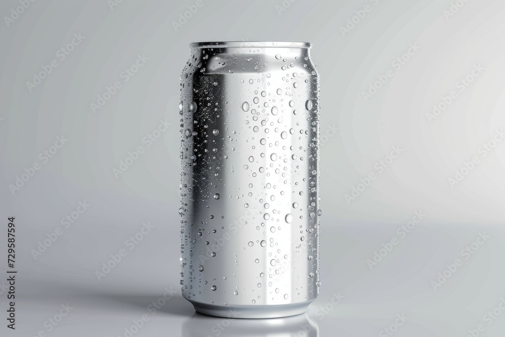 Aluminum can with water drops isolated on white background. 3d illustration