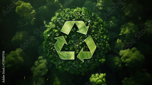 Abstract icon representing the ecological call to recycle and reuse in the shape of a pond with recycling symbol in the middle of a beautiful untouched forest.