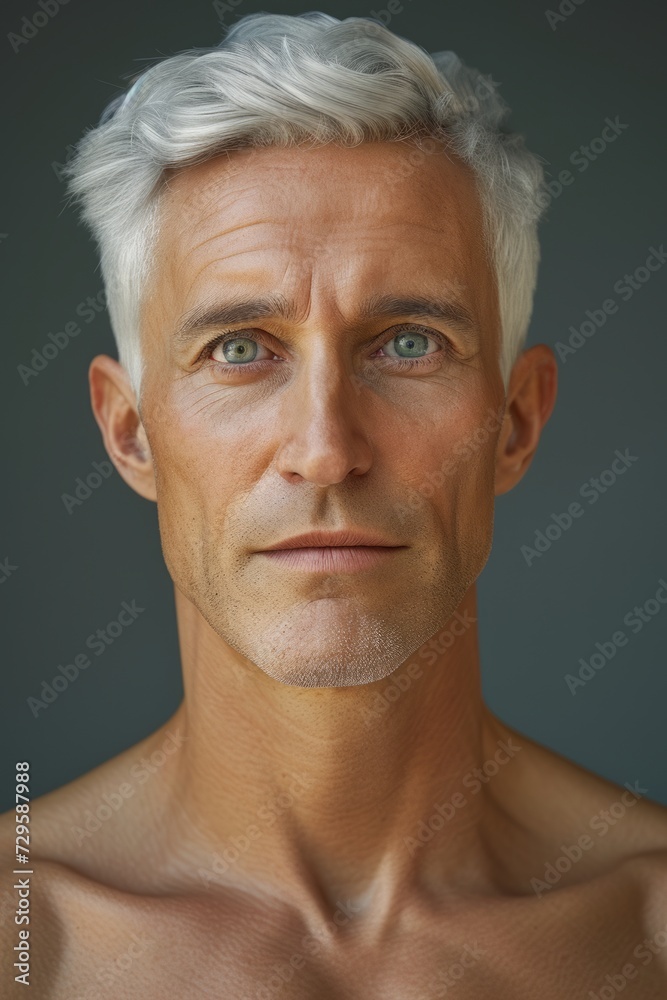 Portrait of a man with grey hair and freckles. Portrait of a man with grey hair and freckles.