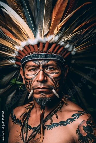 Portrait of a native american man wearing indian headdress