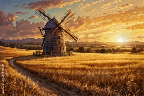 A windmill in a golden field at sunset.