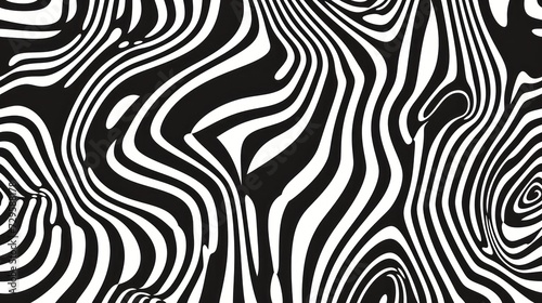 A black and white 2D contour showcases waves  swirls  and twisted patterns in a trendy retro psychedelic style  producing a twisted and distorted flat texture. This simple monochrome image represents 