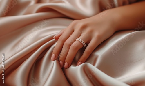 beautiful female hand with elegant ring on neutral paled rose color silk material 