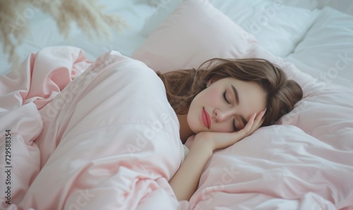 Beautiful young woman lying in bed. insomnia  healthy sleep concept