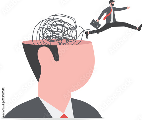 Escapism, escape from depressed mind impacted by COVID-19 pandemic, exit or leave depression, anxiety or stressed lockdown concept, man run away escape from mess tangled line brain on his open head.

