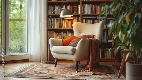 A cozy reading nook with a mid-century modern chair, floor lamp, and a wall-mounted bookshelf