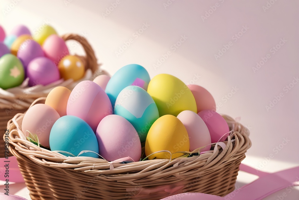 Naklejka premium Easter eggs in a basket on pastel background.