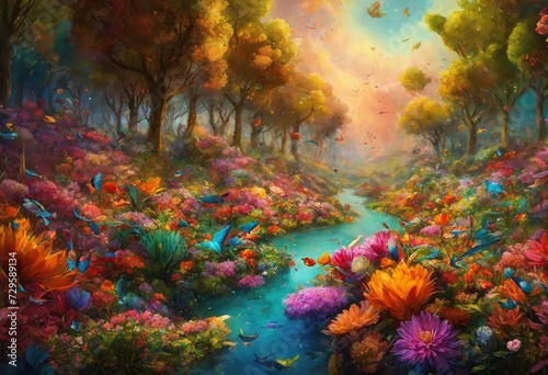 fantastic drawn bright multicolored landscape with a blue river and banks, on which grow magnificent flowers, positive mood