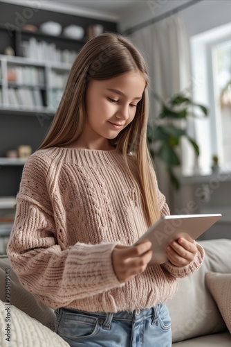 Smiling teen girl holding digital tablet while sitting on sofa at home