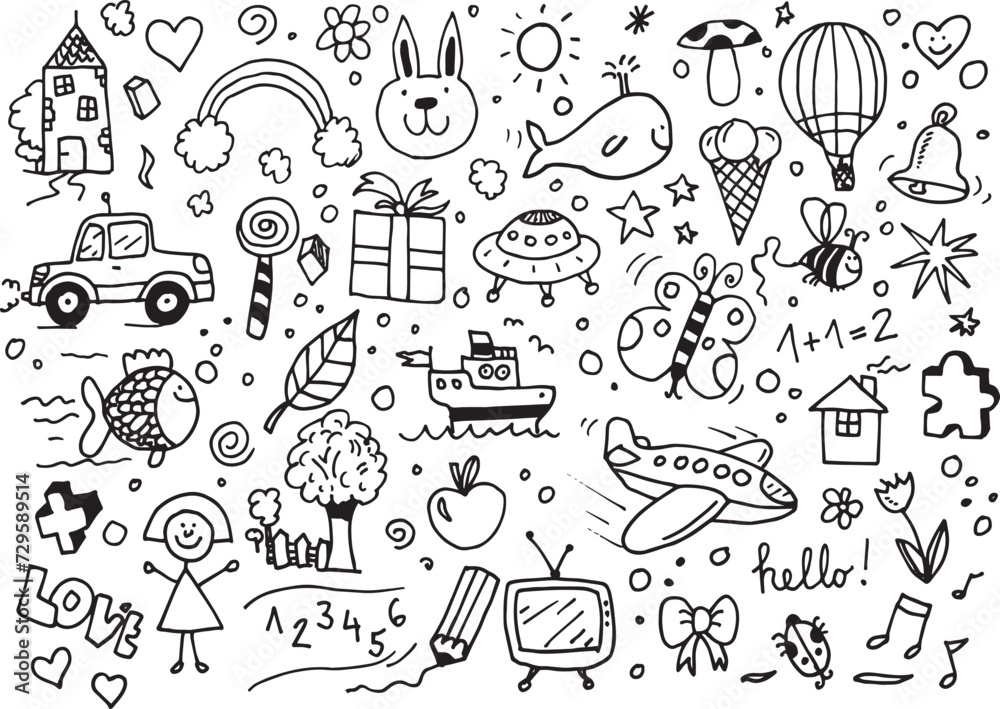 Kids doodles, hand drawn elements on white background
