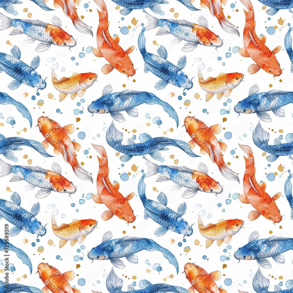 Seamless watercolor pattern with koi carp on a white background. An illustration with colorful fish. Seamless watercolor pattern with koi carp on a white background. An illustration with colorful fish.