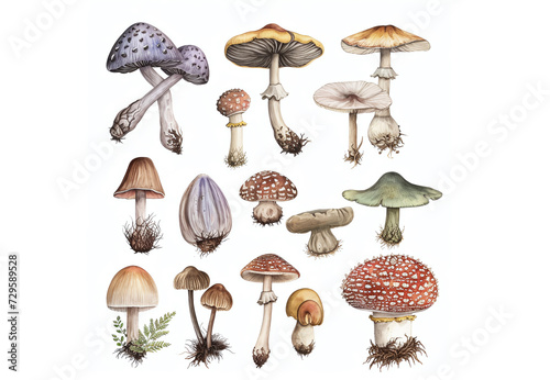 Different types and varieties of mushrooms on a white background