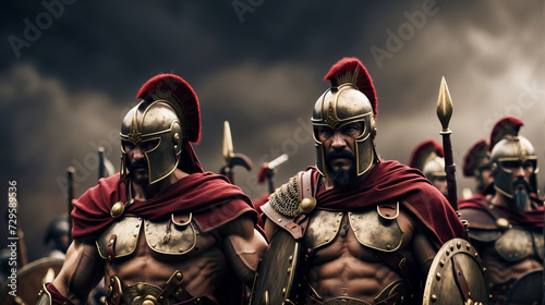 Spartan warriors in ornate armor and helmet photo