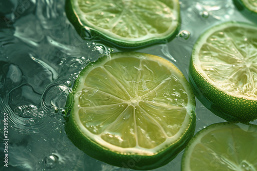 Juicy green lime slices on water background with ice cubes © Olga