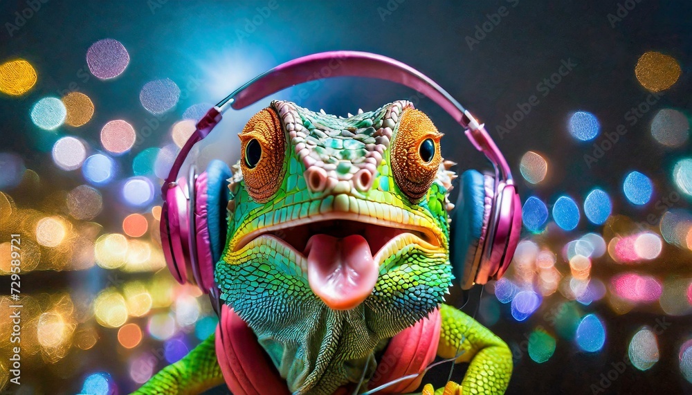 funky and colorful lizard with headphones, tongue out of mouth, colorful lights