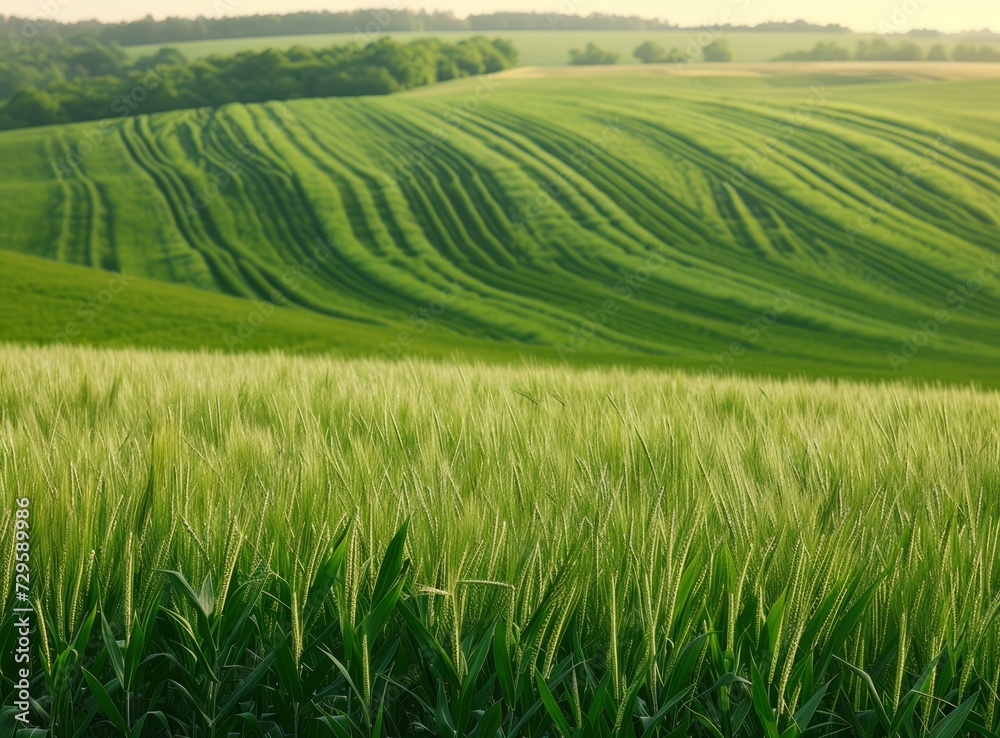 Lush green fields with beautifully aligned rows of crops under a clear sky. A serene agricultural landscape.