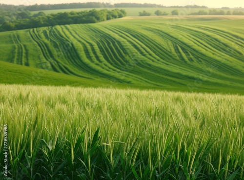 Lush green fields with beautifully aligned rows of crops under a clear sky. A serene agricultural landscape.