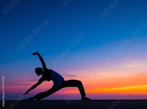Silhouette of a girl in a yoga pose, the girl does asanas against the backdrop of a beautiful sunset.