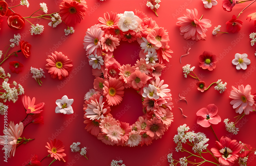 Floral number 8 on a red background to celebrate International Women's Day. Perfect for greeting cards and social media posts.