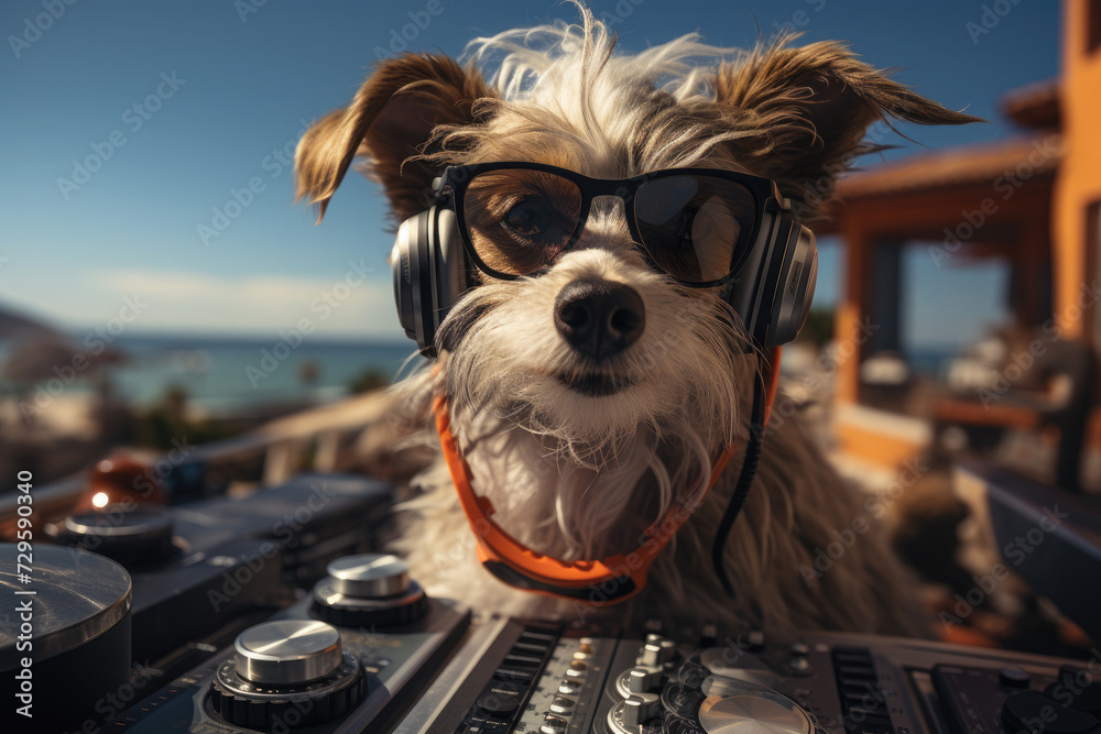Obraz premium Happy dog in glasses and headphones plays dj console.Dog DJ. Nightlife, party. Vacation. Funny meme