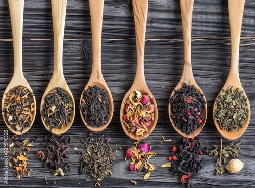 Assortment of dry tea leaves on wooden spoons, placed on a dark textured surface.