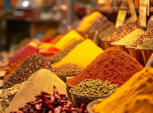 Fototapeta Naklejka Na Ścianę i Meble -  Colorful display of various spices and herbs at a market, arranged in bowls.