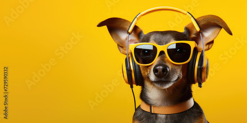 Happy dog wearing headphones and modern sunglasses listens to music on a yellow background. Banner. funny meme © syhin_stas