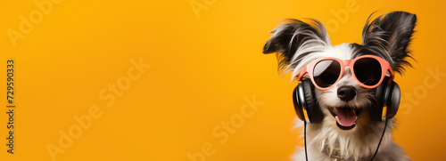 Happy dog wearing headphones and modern sunglasses listens to music on a yellow background. Banner. funny meme photo