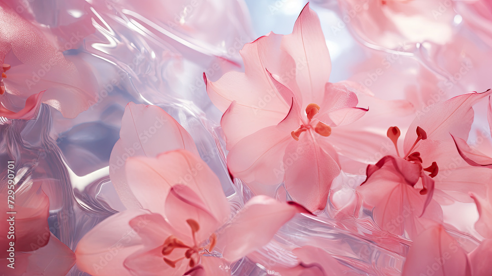 Pink background of frozen flowers in ice, concept of cryotherapy for skin care. Elegant pink petals in ice. Delicate texture. Frosty beautiful natural winter or spring background.