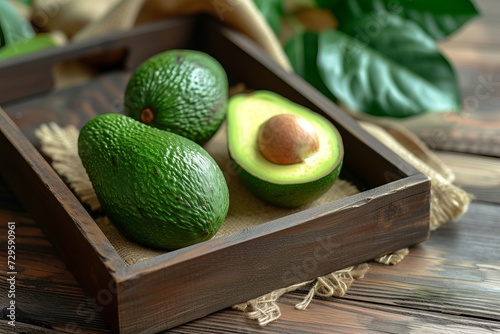 Avocados in a Wooden Tray on a Wooden Table
