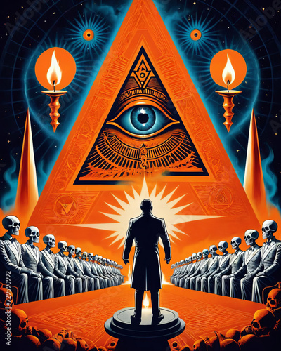 Retro-futuristic Illuminati Meeting with All-Seeing Eye, Masonic Apron, Skull and Bones, and Vibrant Orange Patterns Gen AI photo