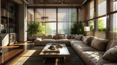 Luxurious Modern Living Room with Grey Tones and Stylish Blinds