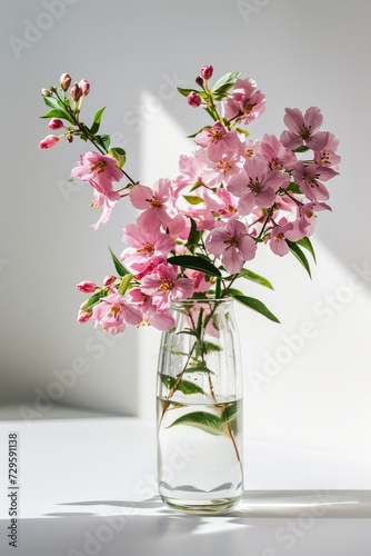 Pink Floral Delight  Vertical Image with Glass Vase and Copy Space on White Background