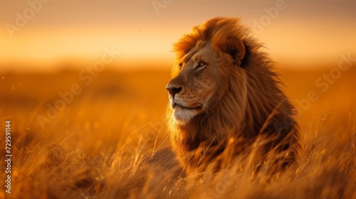 A regal lion surveying its savannah kingdom under the golden African sun