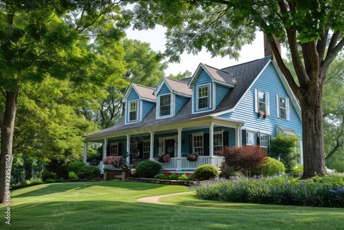 American Dream Home: Blue Siding, White Porch, and Beautiful Landscape © AIGen