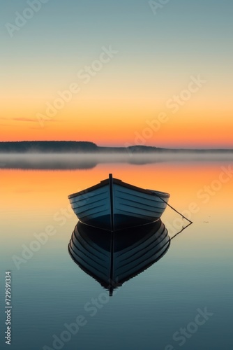 A lone boat drifting on a serene, glassy lake at the break of dawn