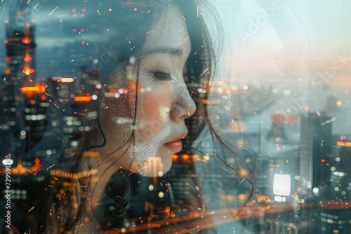 Double exposure portrait of woman with night city skyline, People in world concept
