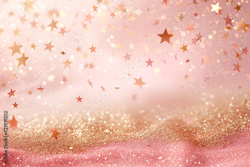 Birthday Background Pastel Peach Colours delicate powder pink Glitter Stars falling with soft caramel brown copy space 