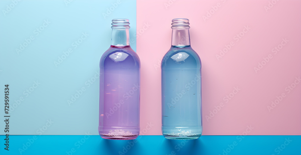 background of bottles in pink and purple lilac tones contains space for text, pastel tones background of bottles in pink and purple lilac tones contains space for text, pastel tones