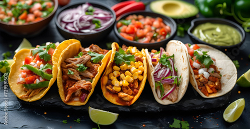 Various Mexican food on a black background are shown, several typical Mexican snacks such as tacos, chile con carne, nachos, among others.