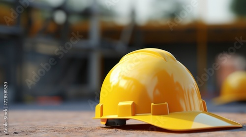 Yellow hard hat on the in the construction site background.