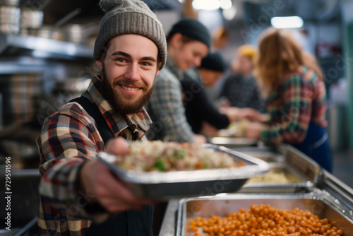 Volunteer serving food at a homeless shelter  Donate food to hungry people