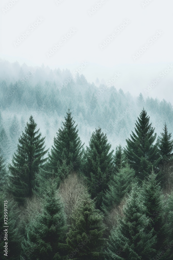 A minimalist forest landscape with tall, slender trees against a clear, pale sky